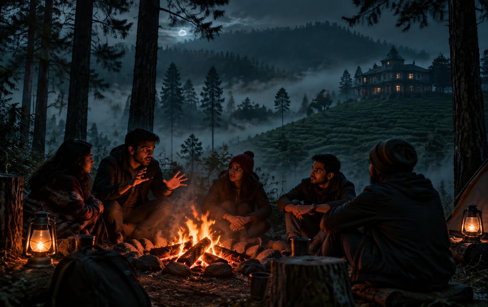 Travellers sharing horror stories around a bonfire in a misty North Bengal pine forest at night